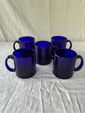 Vintage Lot of 5 Libbey Cobalt Blue Glass Coffee Mugs Cups Made in USA